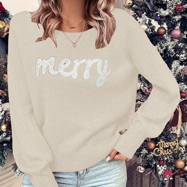 VIOLET™ cozy round-neck sweater, off-white with 'Merry' knit graphic, long sleeves