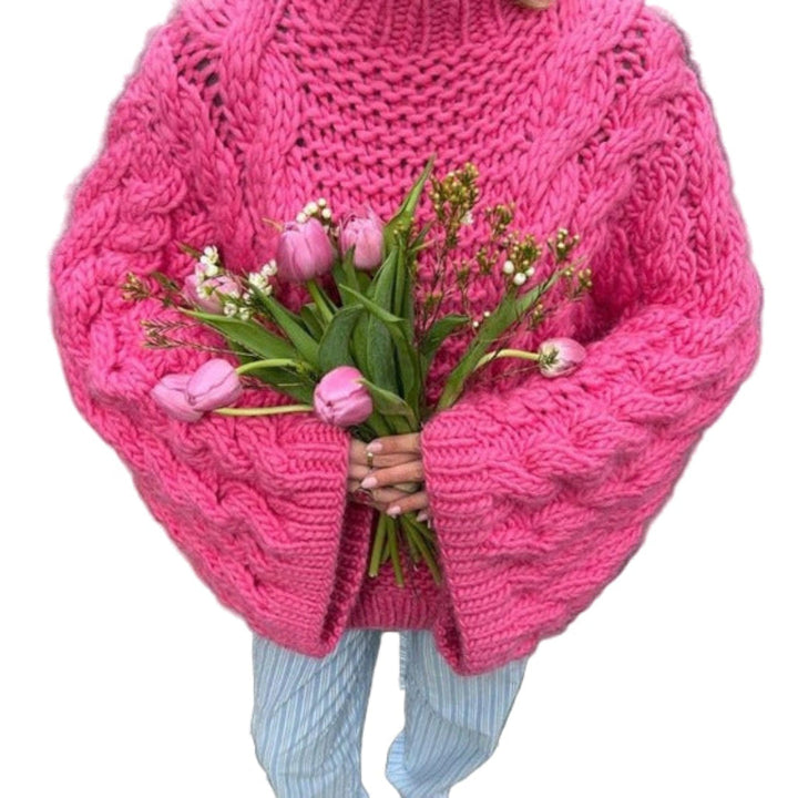 Rose red chunky knit sweater, loose fit, crew neck, ribbed cuffs and hem