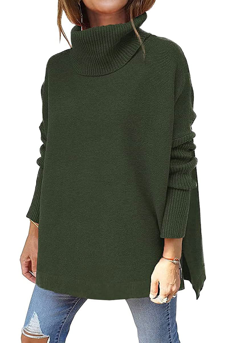 Dark green modern turtleneck jumper with ribbed high neck and long sleeves