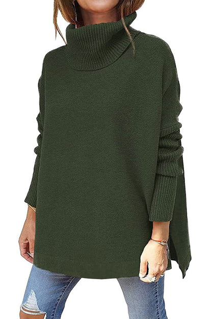 Dark green modern turtleneck jumper with ribbed high neck and long sleeves