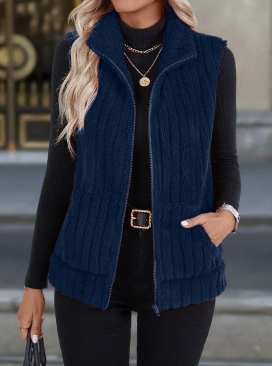 Warm ribbed fleece vest, blue, full-zip front with stand collar