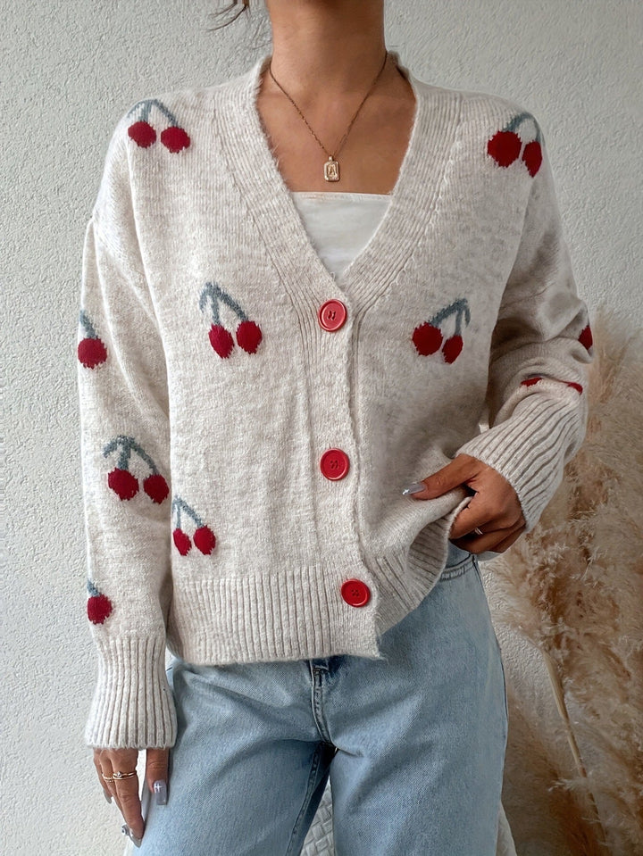 Light gray button-front long-sleeve cardigan with red cherry print and V-neck