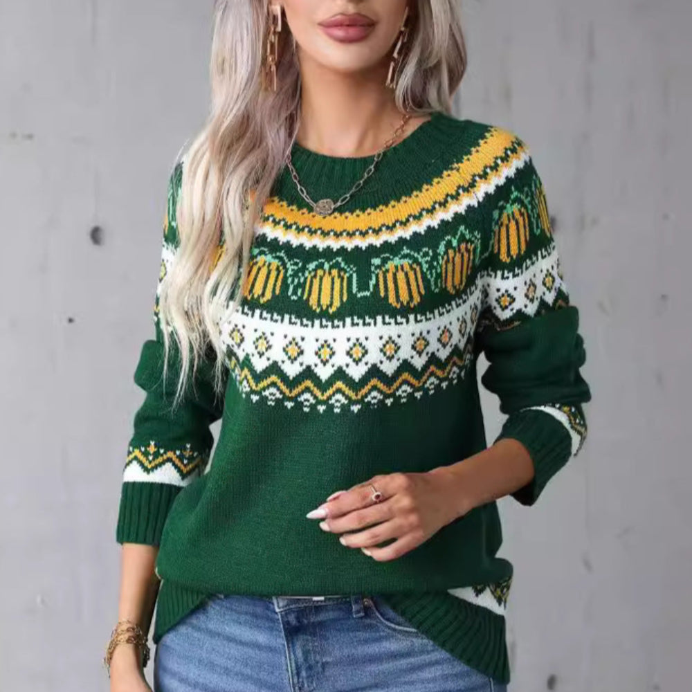 Green round-neck pumpkin pullover sweater with fair isle yoke and striped cuffs