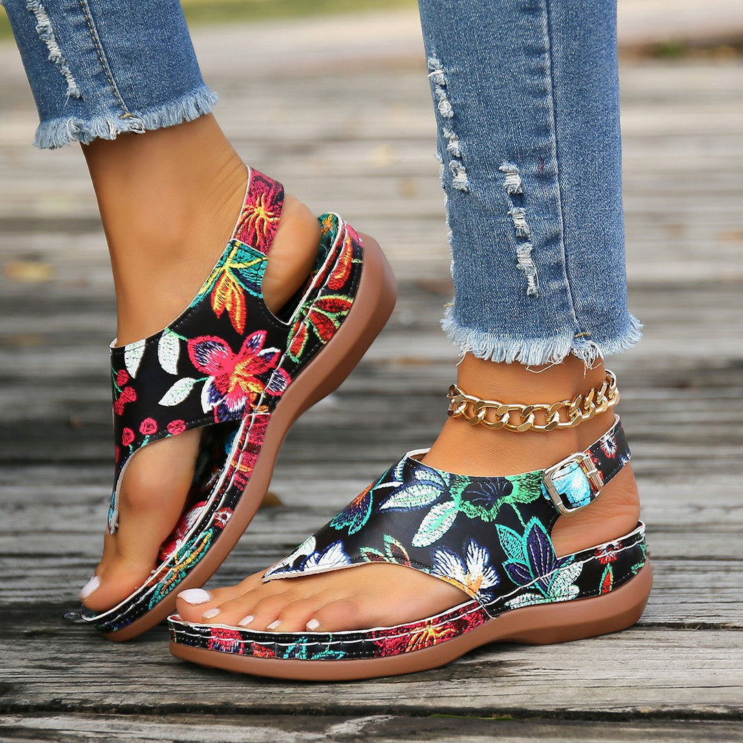 Floral orthopedic comfort sandals with adjustable strap, open toe, and gold chain