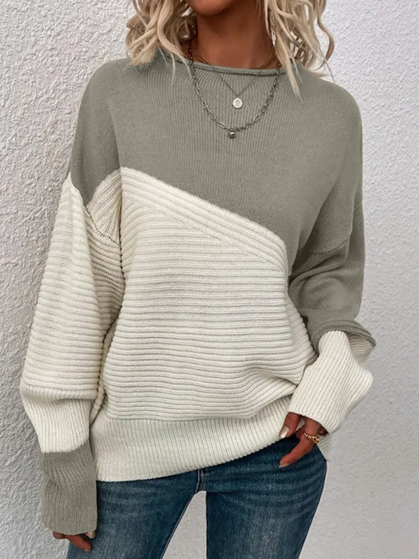 Two-tone knit sweater with round neck, long sleeves, gray and cream color block