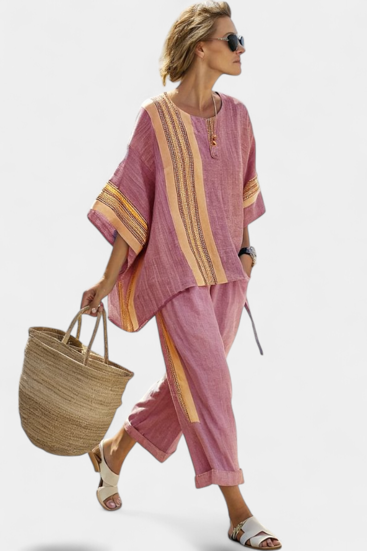 Rose tunic top with striped trim and matching cropped trousers