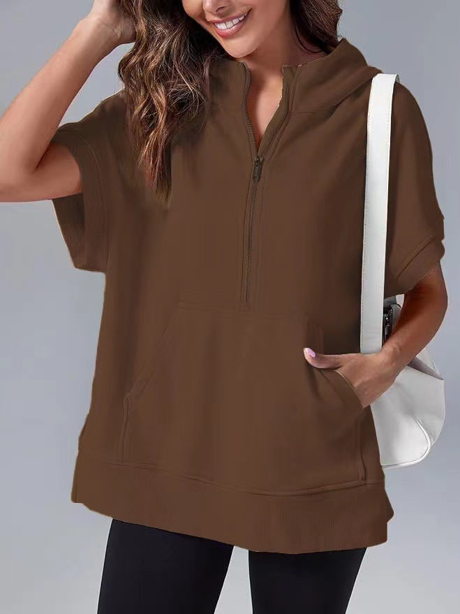 Brown relaxed oversized half-zip summer hoodie with hood and kangaroo pocket