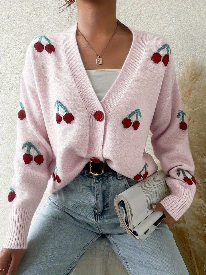 Blush pink button-front long-sleeve cardigan with red cherry print and V-neck