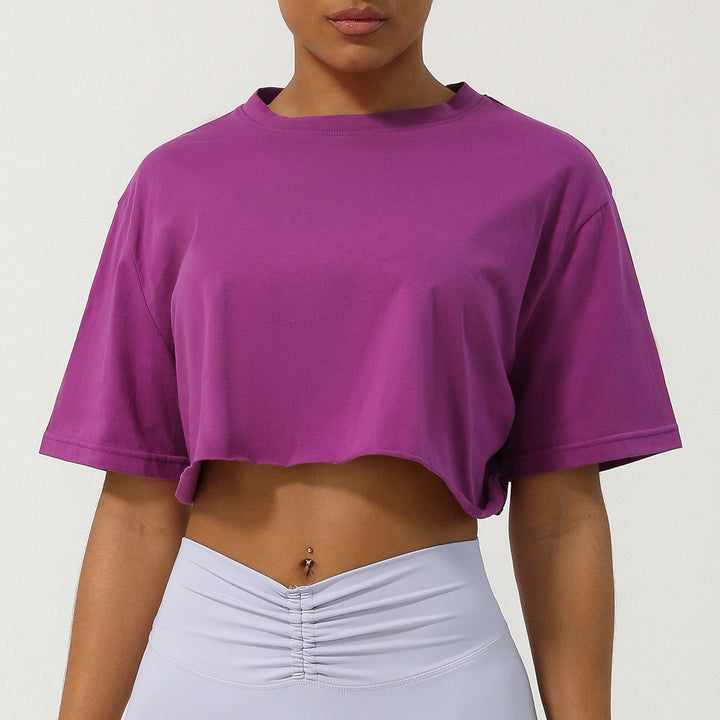 Violet relaxed-fit crop tee with crew neck and short sleeves