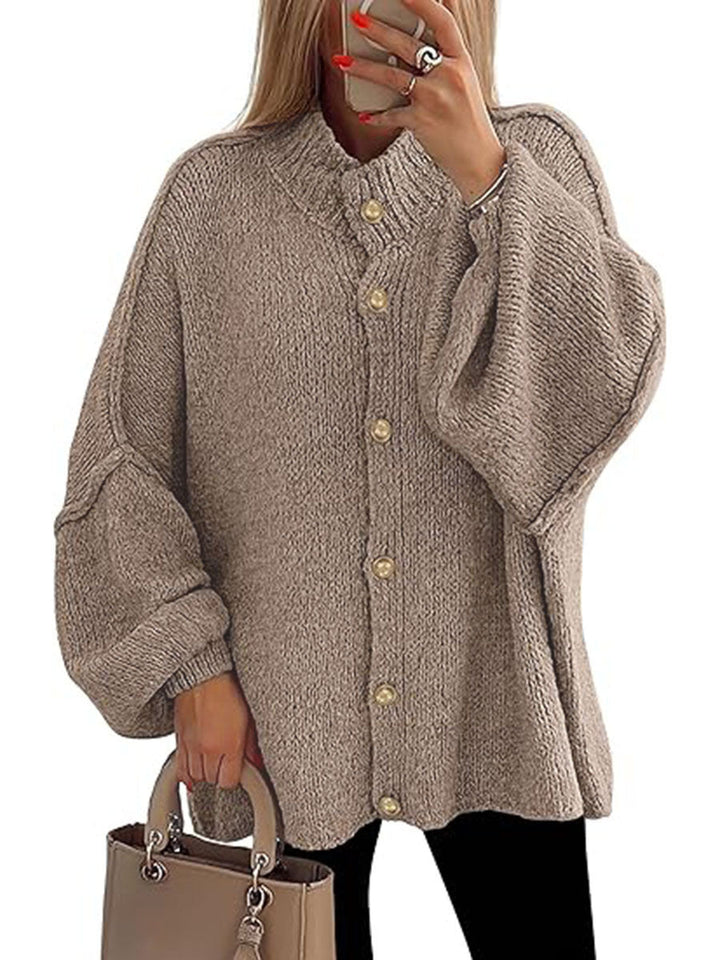 Cozy button-down long sleeve chunky knit jacket in taupe with gold buttons