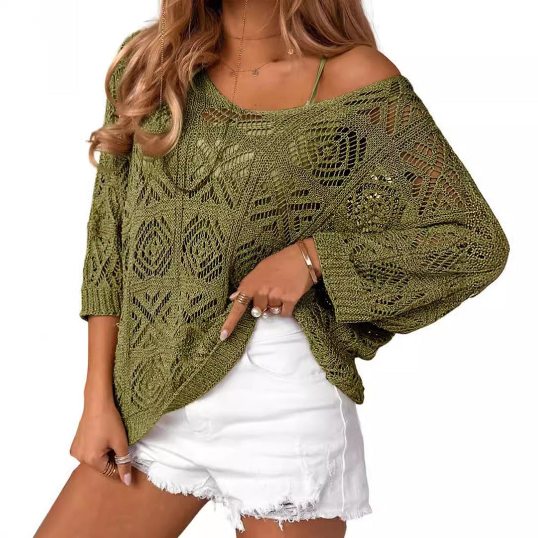 Lightweight crochet pullover sweater with batwing sleeves, off-shoulder, olive green
