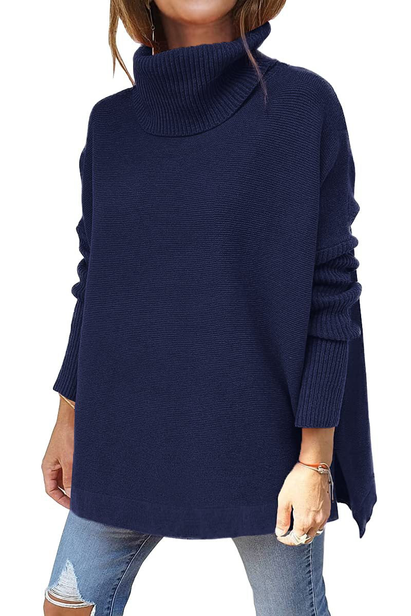 Navy modern turtleneck jumper with ribbed high neck and long sleeves