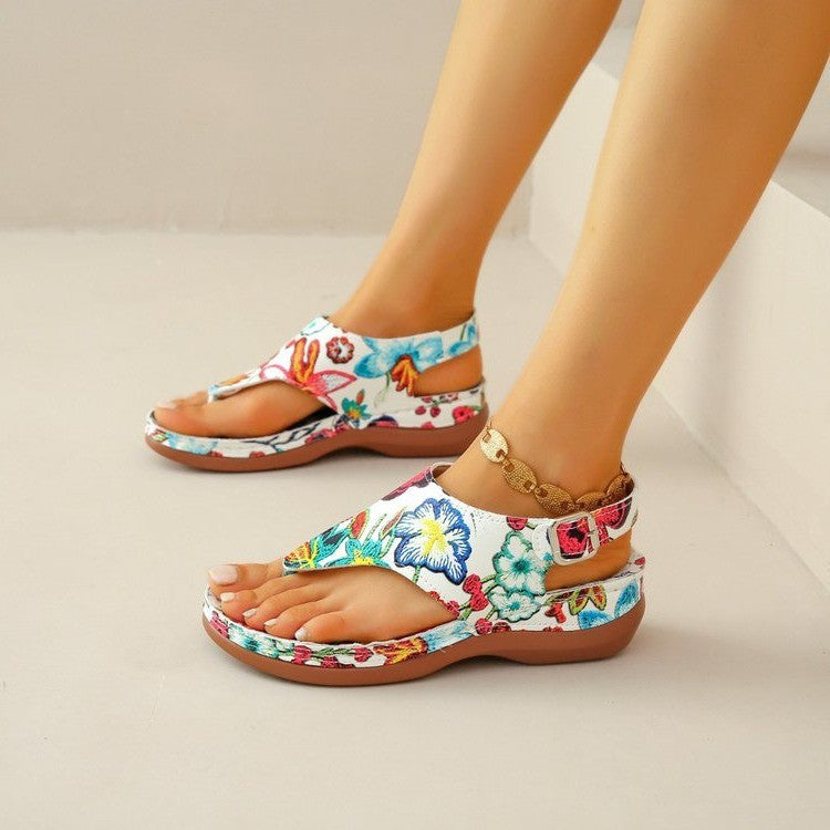Multicolor floral orthopedic comfort sandals with open toe and gold chain ankle strap