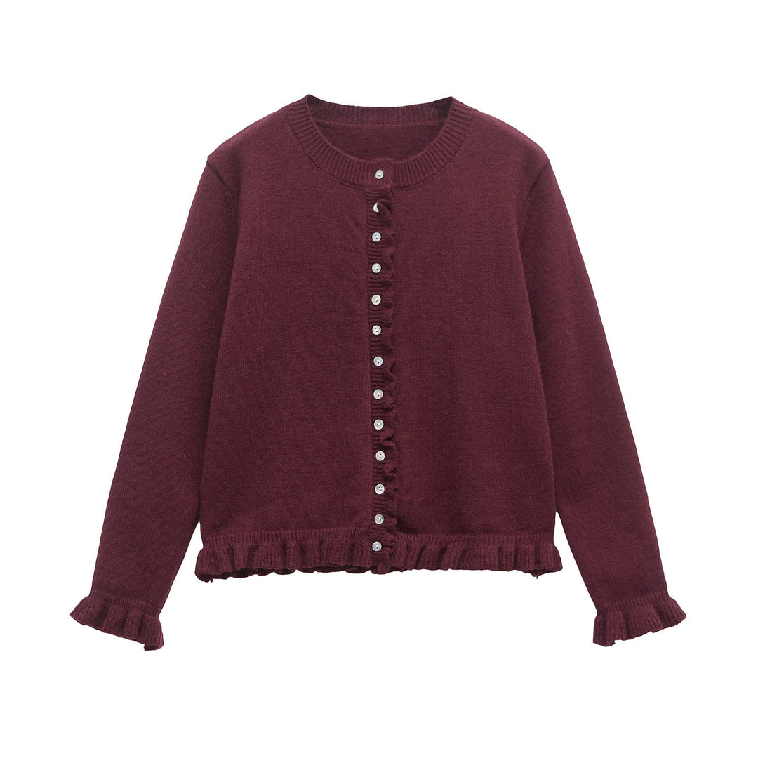 Burgundy button-up cardigan with long sleeves, front button placket, lettuce trim hem