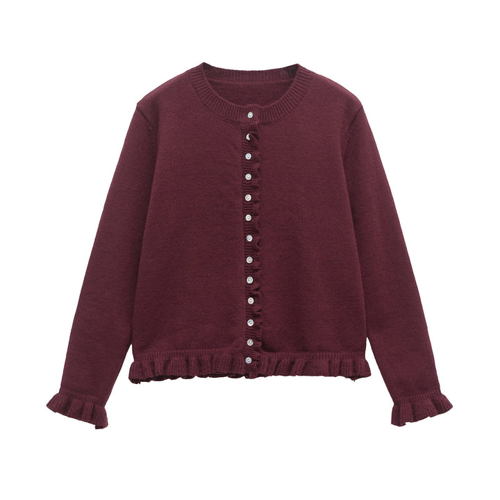 Burgundy button-up cardigan with long sleeves, front button placket, lettuce trim hem