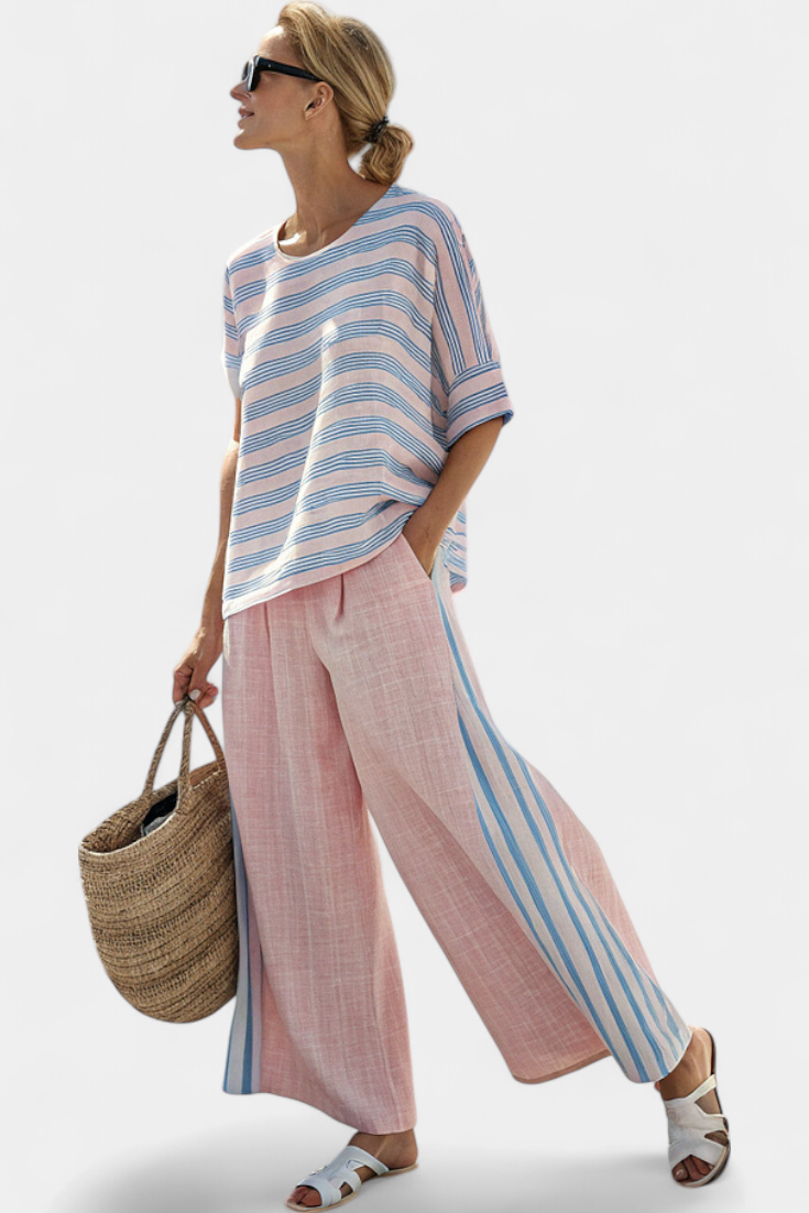 Light pink wide-leg trousers with blue vertical side stripe detail