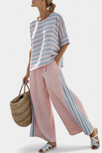 Light pink wide-leg trousers with blue side stripe and relaxed drape