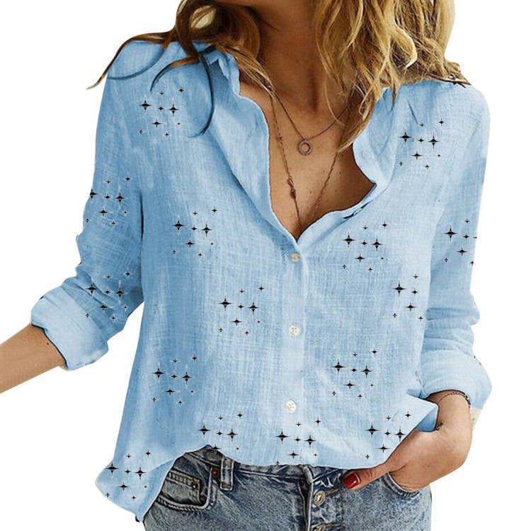 Light blue women’s button-front blouse with star print, V-neck and long sleeves