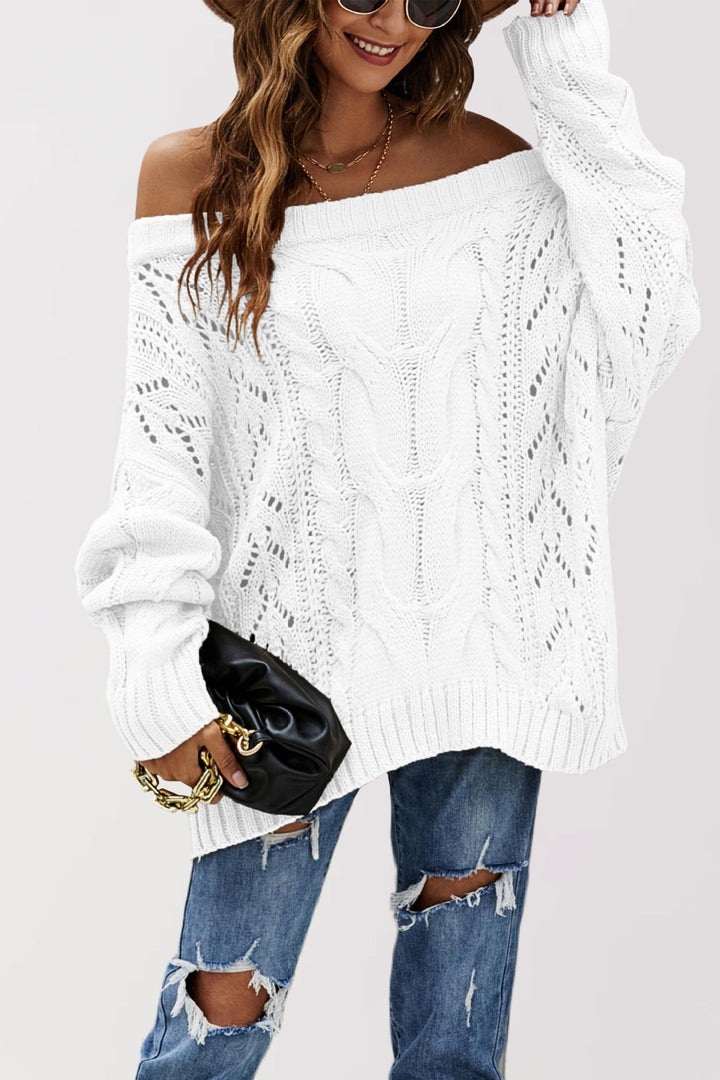 Off-shoulder cable knit sweater, white, long sleeves with ribbed cuffs