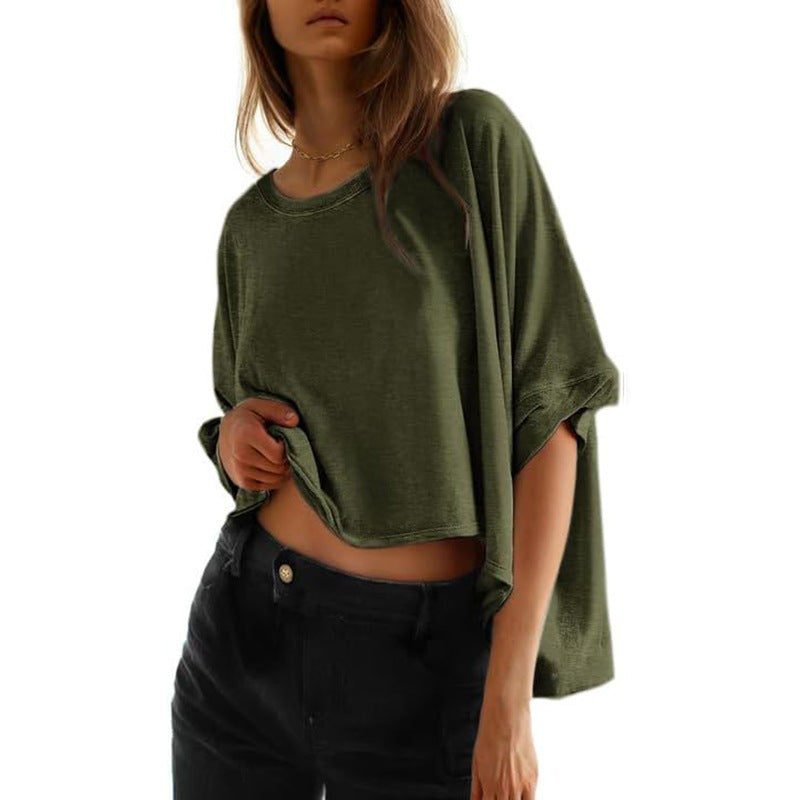 Women’s classic oversized loose-fit tee, army green, short sleeves, crew neck