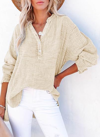 Women’s casual V-neck blouse, long sleeves, button-front, textured light beige fabric