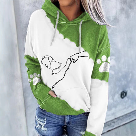 Green and white dog graphic pet hoodie with pouch pocket, drawstring hood, paw-print sleeves