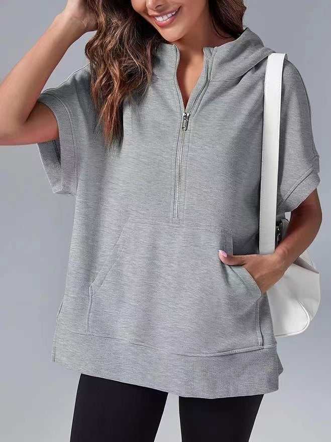 Gray relaxed oversized half-zip summer hoodie with hood and kangaroo pocket
