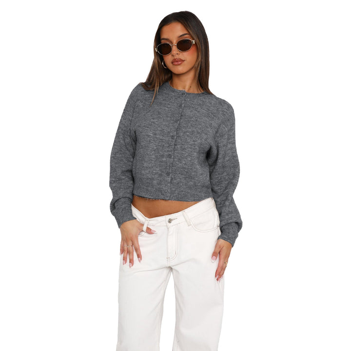 Dark gray cropped cardigan with long sleeves and front button placket