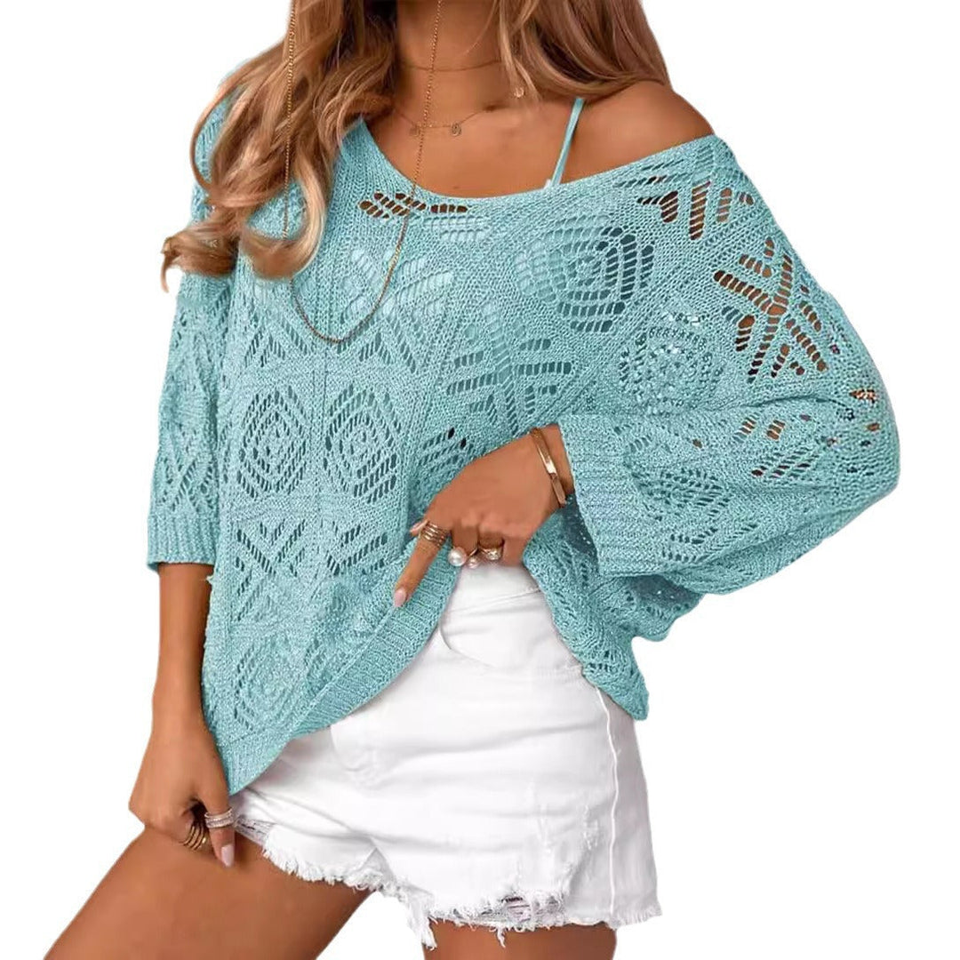 Lightweight crochet pullover sweater with batwing sleeves, off-shoulder, sky blue
