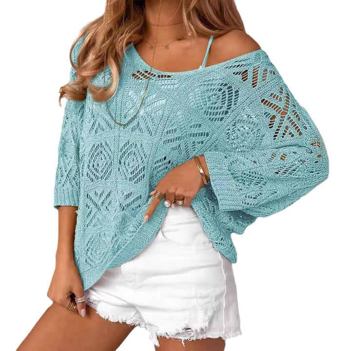 Lightweight crochet pullover sweater with batwing sleeves, off-shoulder, sky blue