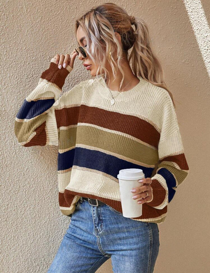 Cream multicolor striped long-sleeve sweater with crew neck, ribbed cuffs and hem