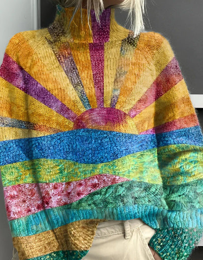 Turtleneck sweater with yellow, purple, and blue striped knit and ribbed cuffs