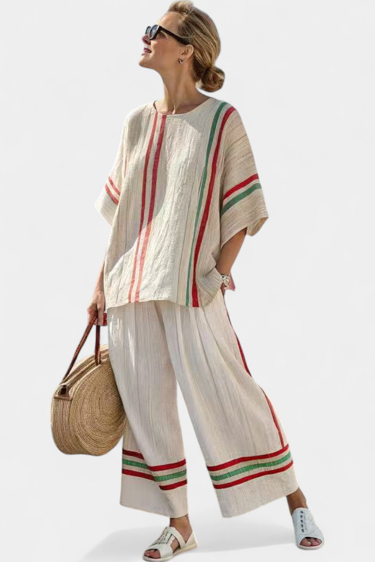 Boho printed blouse and wide-leg pants set, cream with red and green stripes