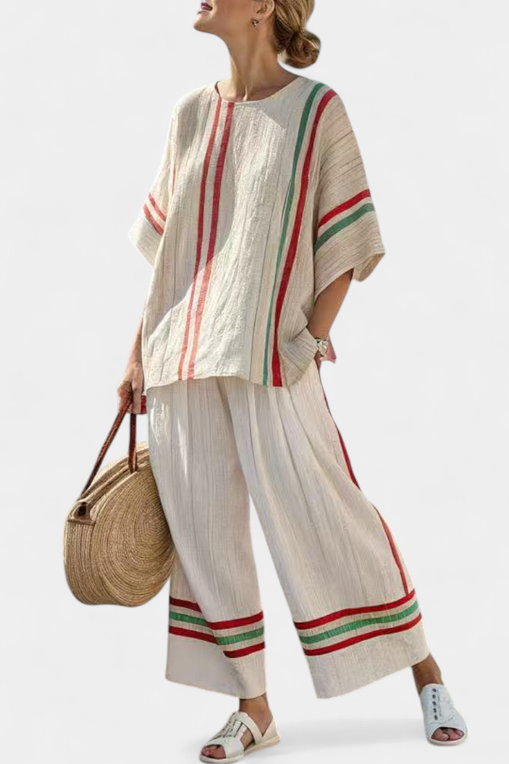 Two-piece boho outfit: short-sleeve blouse and wide-leg pants in cream with striped trim