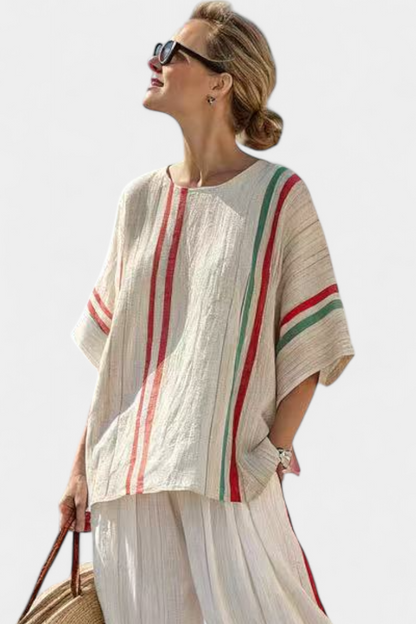 Boho blouse and wide-leg pants set, cream with red and green vertical stripe panel