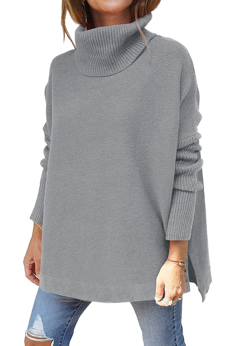 Grey modern turtleneck jumper with ribbed high neck and long sleeves