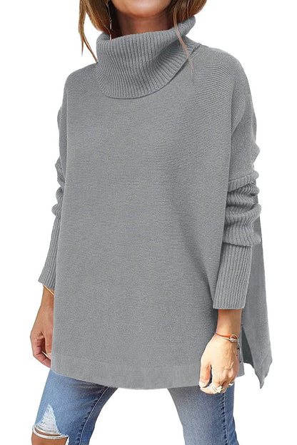 Grey modern turtleneck jumper with ribbed high neck and long sleeves
