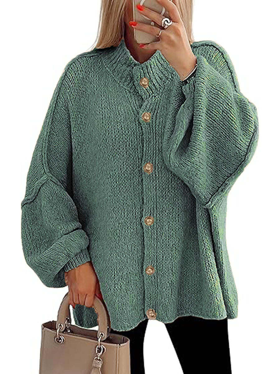 Cozy button-down long sleeve chunky knit jacket in teal green with gold buttons