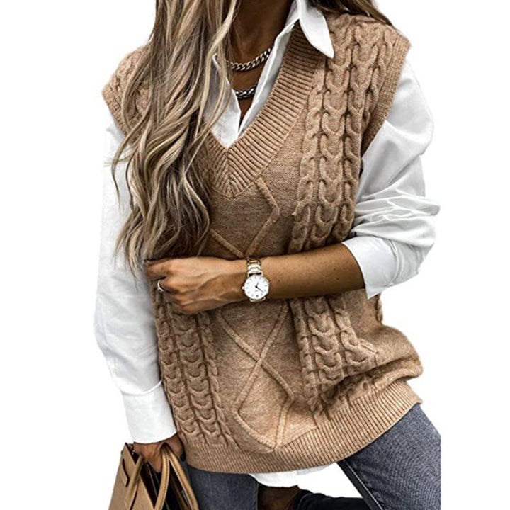 Khaki textured V-neck knit vest with cable pattern and ribbed hem trim