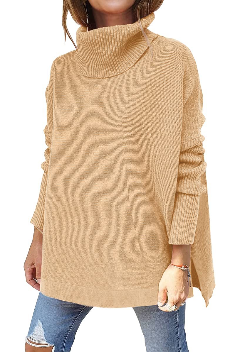 Tan beige modern turtleneck jumper with ribbed high neck and long sleeves