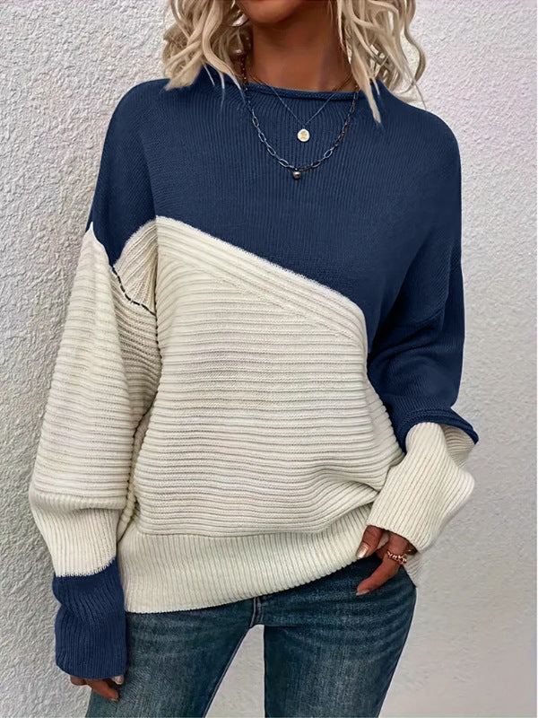 Two-tone knit sweater with round neck, long sleeves, navy and cream color block