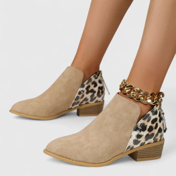 Khaki ankle boots with leopard-print side panels and gold chain ankle strap, block heel