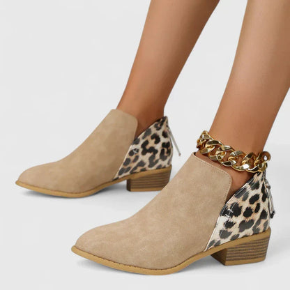 Khaki ankle boots with leopard-print side panels and gold chain ankle strap, block heel