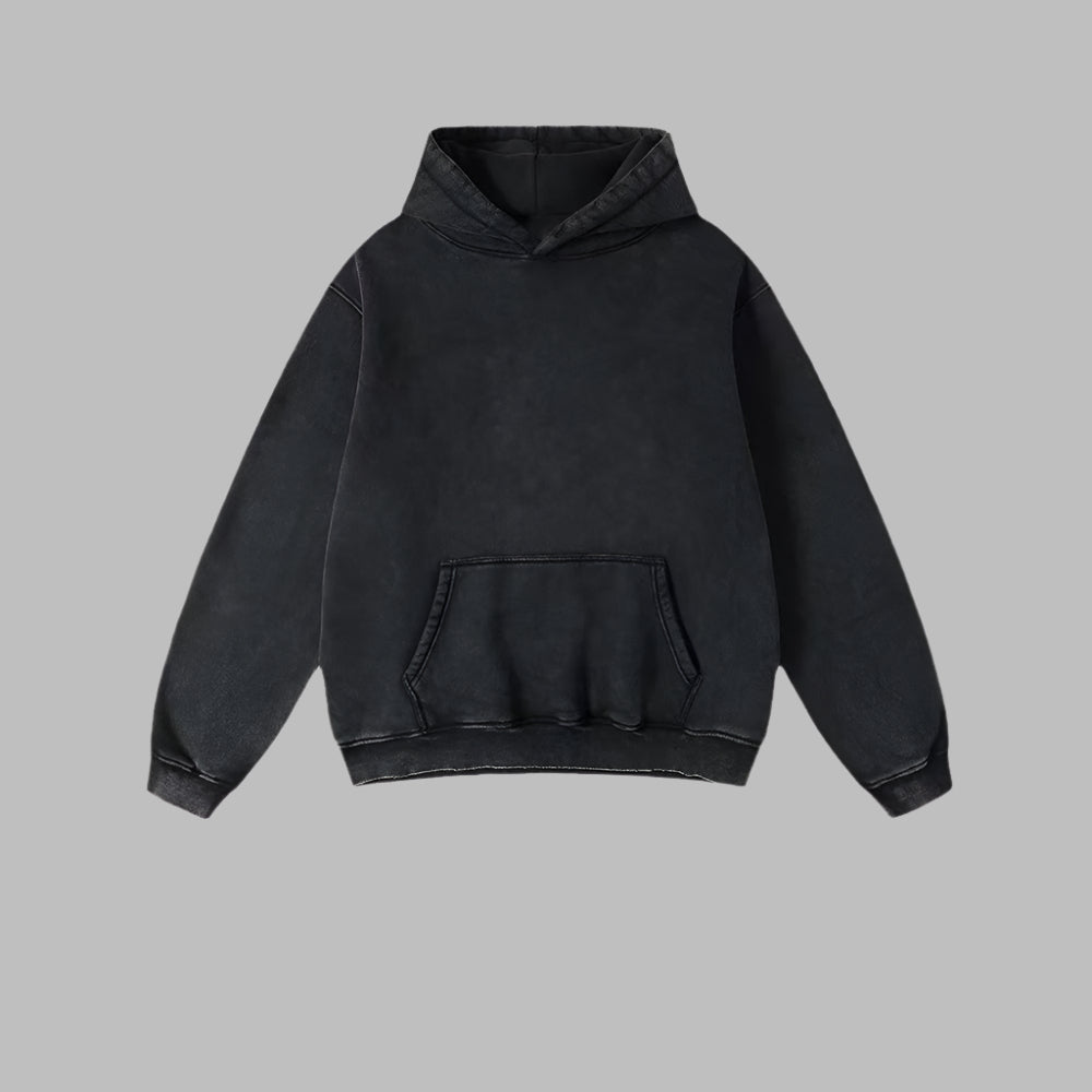 Black oversized hoodie with hood and front kangaroo pocket, ribbed cuffs and hem