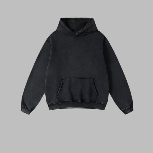Black oversized hoodie with hood and front kangaroo pocket, ribbed cuffs and hem
