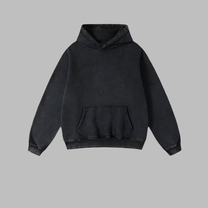 Black oversized hoodie with hood and front kangaroo pocket, ribbed cuffs and hem