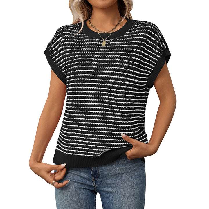 Black and white striped knit sweater with round neck, short sleeves, ribbed hem