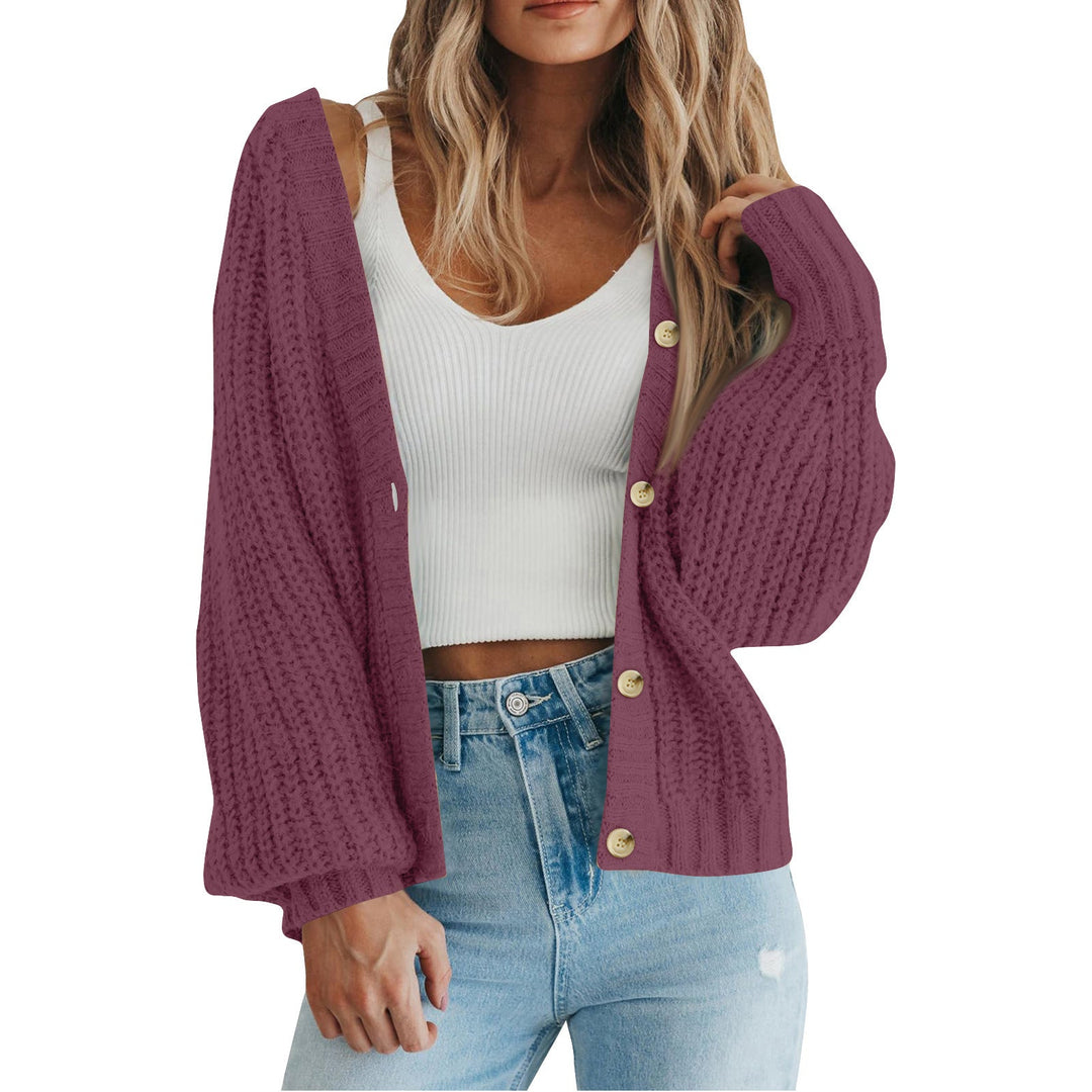 Cozy knit cardigan sweater, plum purple, open front with button placket and ribbed cuffs