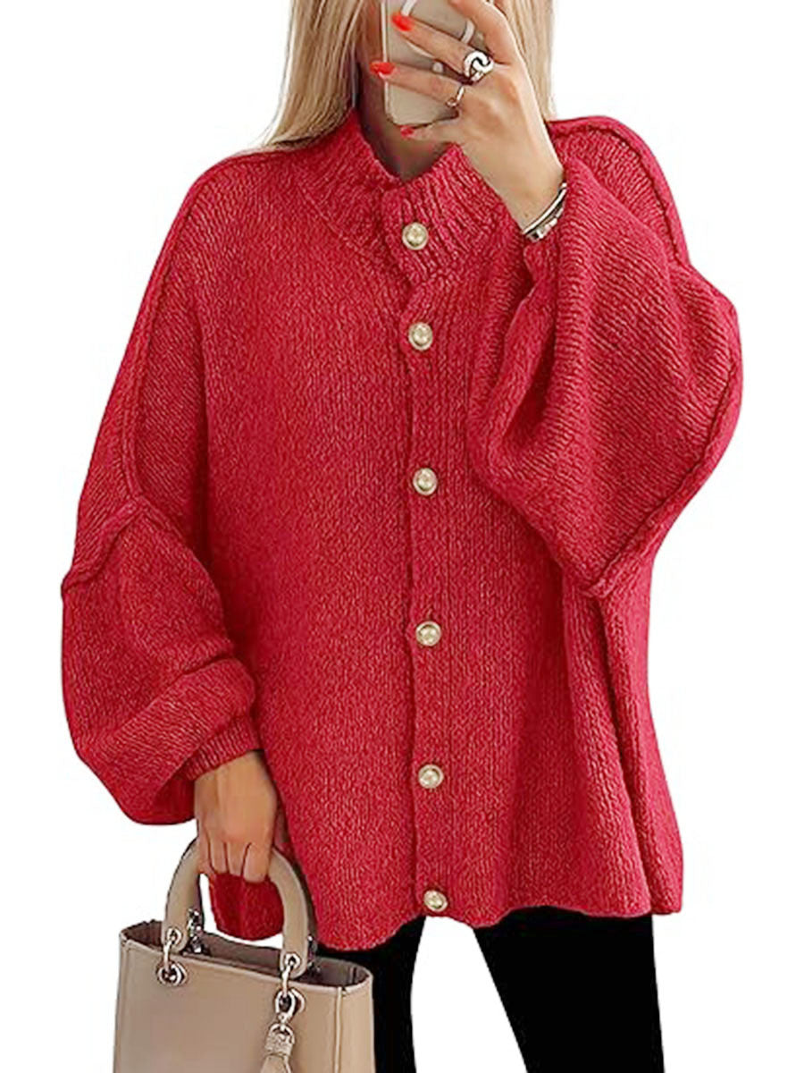 Cozy button-down long sleeve chunky knit jacket in red with gold buttons