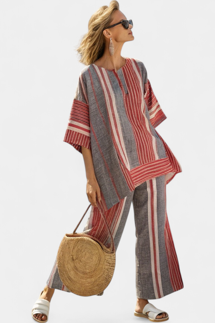Grey wide-leg trousers with vertical red and white stripes, ankle length